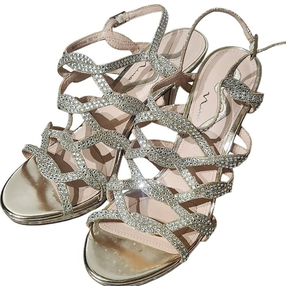 Nina gold rhinestone open toe wedding prom‎ heels size US 9.5 | EUR 40